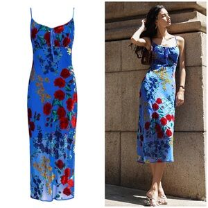 NWT Commense Blue Velvet Floral Appliqué Cami Dress Size XS